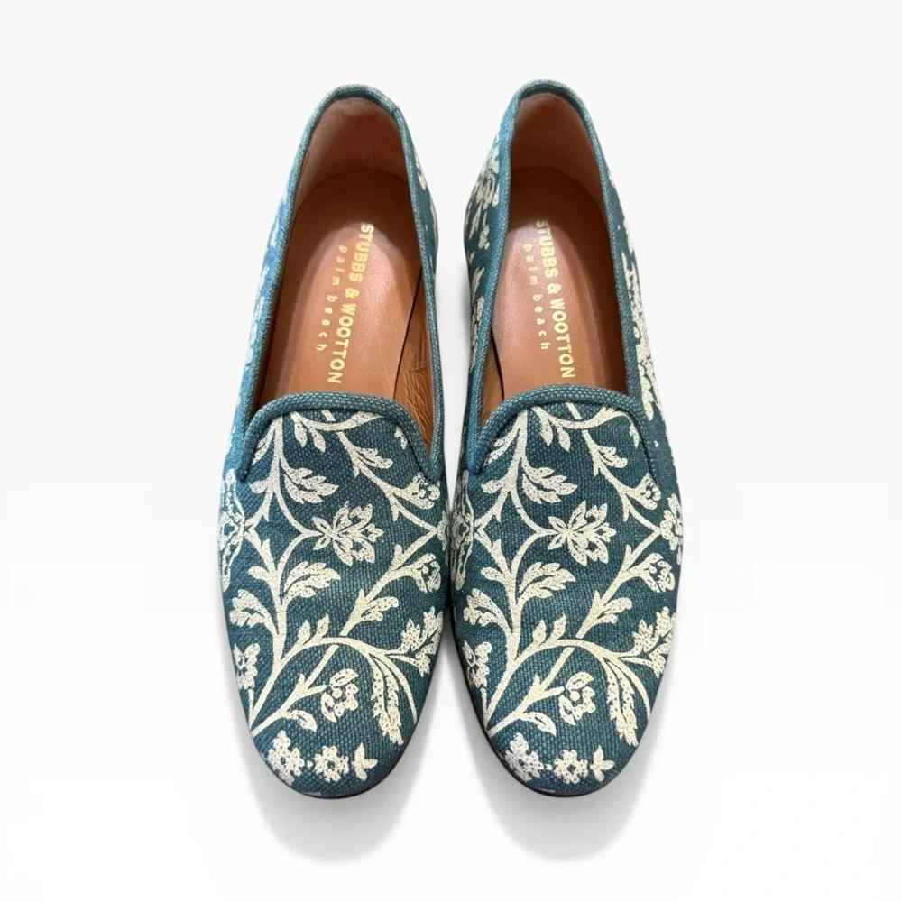 Stubbs & Wootton x Gracie Studio Green Floral Leaf Canvas Loafers Size 10